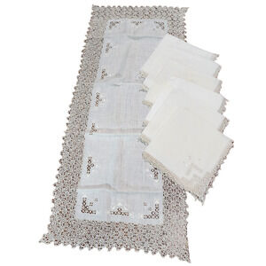 Vintage Table Runner and Napkin Set of 7 - Lace Trim and Cutwork Embroidery